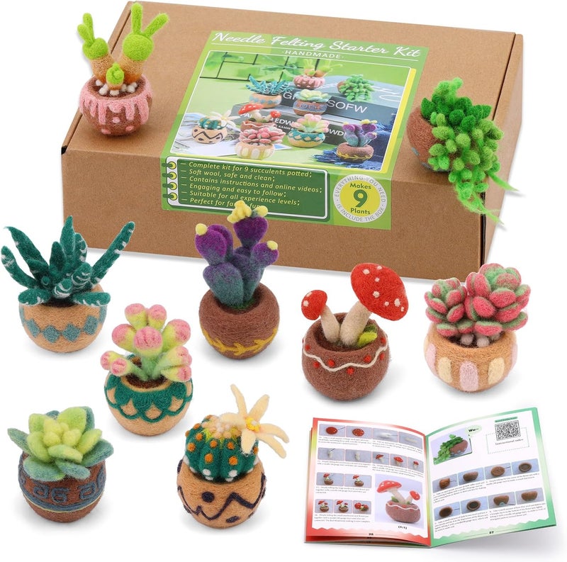 Yizzvb Needle Felting Kit, 9 Pcs Succulent Needle Felt Beginner Kits, Wool Felting Kit Including Wool Roving, Felting Pad, Felting Needles and Instructions for DIY Craft Home Decoration - Image 1